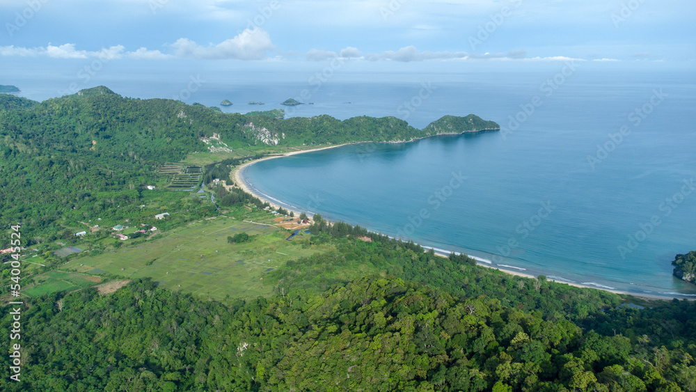 Aerial view of hills, tropical forest and Lhok paroy beach. Aerial view of hills, tropical forest and Lhok paroy beach.