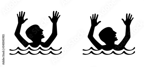 Cartoon man or woman to to sink in to the water. Stickman and two hands of drowning man in sea asking for help. hands stretched logo or icon. Helplessness, begs for rescue. No smimming.