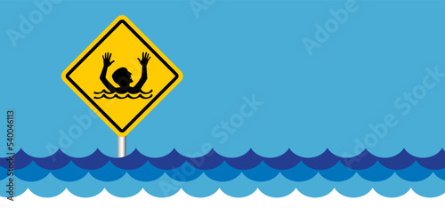 Cartoon man or woman to to sink in to the water. Stickman and two hands of drowning man in sea asking for help. hands stretched logo or icon. Helplessness, begs for rescue. No smimming.