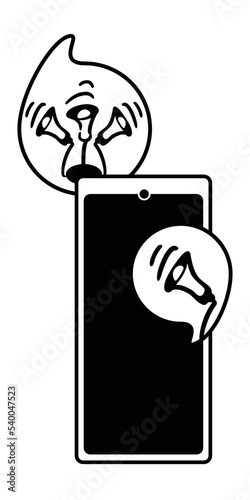 Loudspeaker danger warning. General anxiety. Siren horn for safety. Automatic notification in the phone about the danger. Cartoon illustration in outline and flat graphics style.