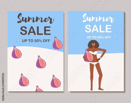 Colorful vector summer sale poster, banner, background, vacation mood, postcard, invitation, summer vibes, woman in bikini with figs, tropical, tag, holiday, vacation.