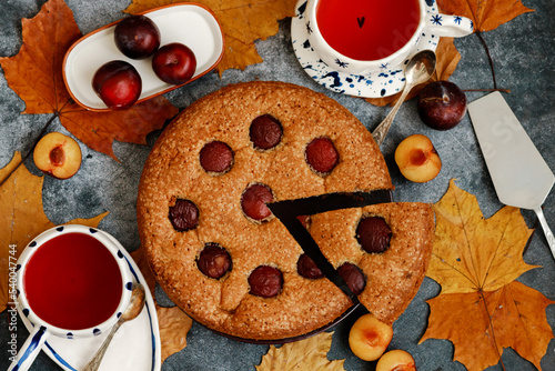 Plum pie. Delicious pie on a concrete table. Autumn design