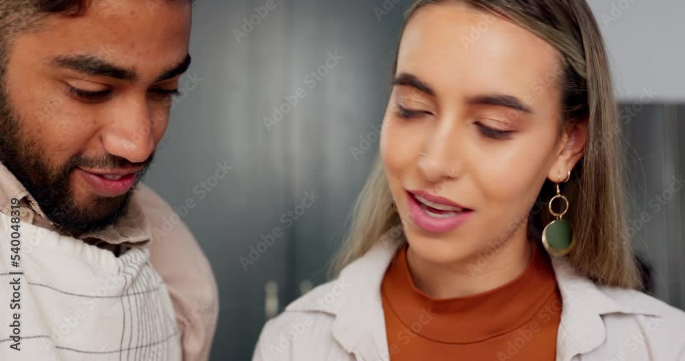 Young couple in kitchen, people cooking in Mexico apartment and comic Indian man joke with girlfriends smile. Face of happy latino woman talking, bonding on home date and love funny time together Young couple in kitchen, people cooking in Mexico apartment and comic Indian man joke with girlfriends smile. Face of happy latino woman talking, bonding on home date and love funny time together