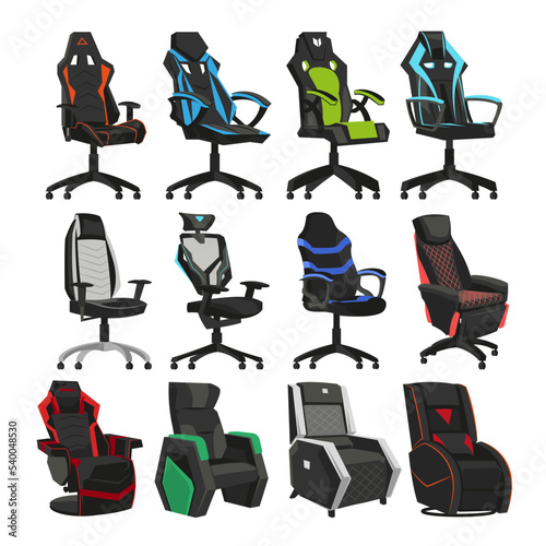 Different chairs for gamers vector illustrations set. Collection of drawings of computer chairs, comfortable equipment for gaming isolated on white background. Furniture, gaming, comfort concept