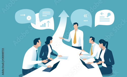 Business plan. Rising arrow. Team leader explains business goal. Vector illustration