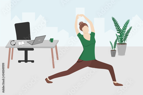 Young woman stretching at workplace in office. Female employee doing sport exercises, stretches legs and arms during coffee break. Remote work, rest, job concept