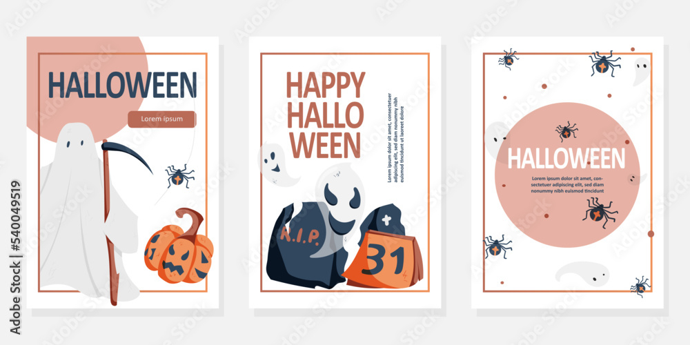 Halloween promo flyers design with ghosts, spiders and pumpkin. Halloween celebration, holiday, event, festive, party concept. Banner, advertising, flyer. Vector illustration