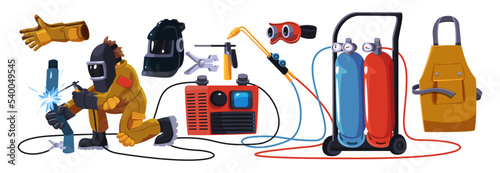 Welder character and equipment vector illustrations set. Cartoon drawings of industrial worker in helmet, plasma cutter, gas welding machine isolated on white background. Welding, professions concept