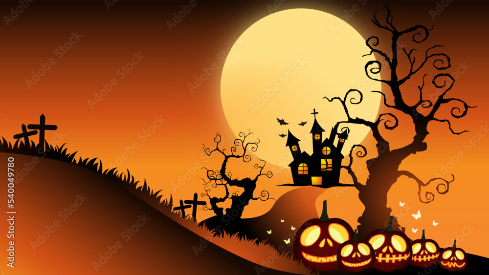 Halloween website banner background , card, poster, pumpkin lantern, yellow and orange and dark vector background, Halloween scare, Full moon