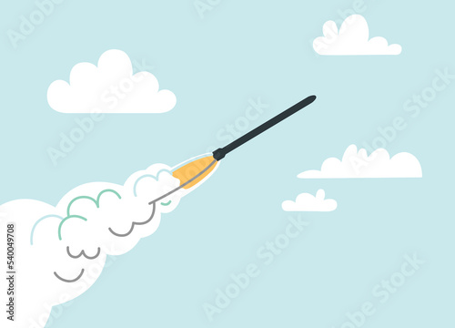 Launch of a combat ballistic missile. A cruise missile against a blue sky with clouds on a clear sunny day. Weapons used by belligerents in conflict situations. Plume of smoke from a flying rocket.