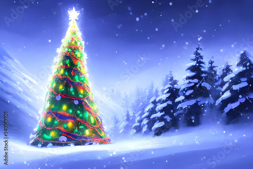Wallpaper Mural a magical christmas tree with decoration stuck in the ground with gift's halfway up a snowy mountain - digital art - oil painting Torontodigital.ca
