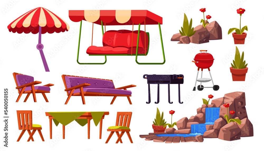 Fototapeta premium Summer garden or patio elements vector illustrations set. Collection of drawings of garden furniture, sofa, umbrella, barbecue grill isolated on white background. Leisure, outdoor activity concept