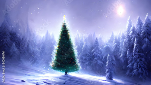 a magical christmas tree with decoration stuck in the ground with gift s halfway up a snowy mountain - digital art
