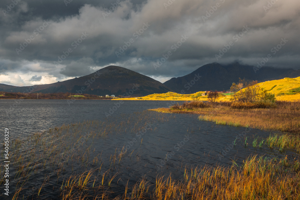 Beautiful and colorful autumn in the Lofoten archipelago in Norway. Breathtaking landscapes show the power of nature.