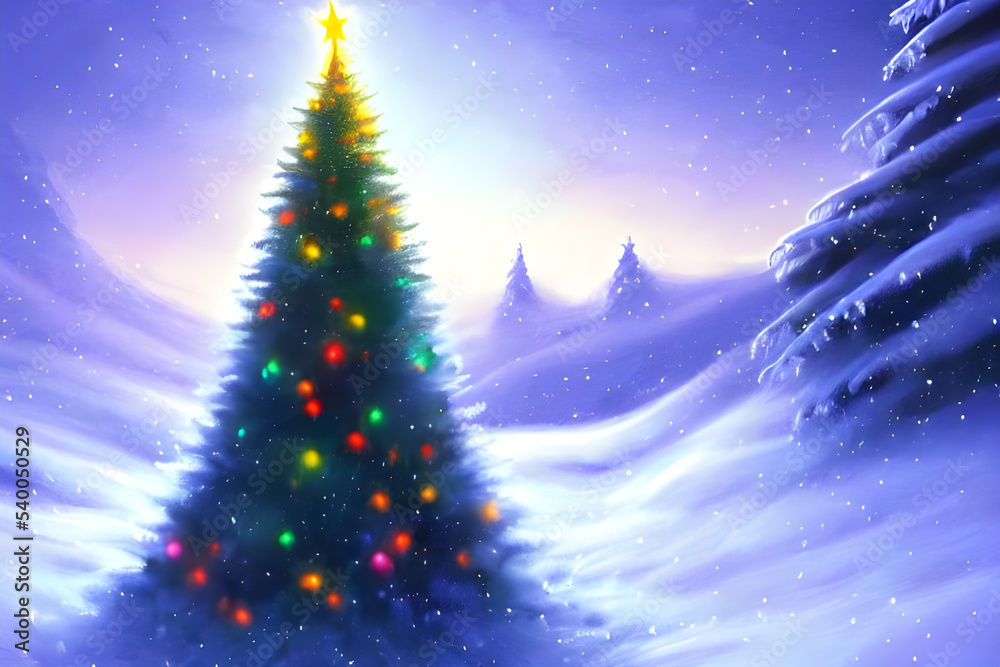 a magical christmas tree with decoration stuck in the ground with gift's halfway up a snowy mountain - digital art a magical christmas tree with decoration stuck in the ground with gift's halfway up a snowy mountain - digital art