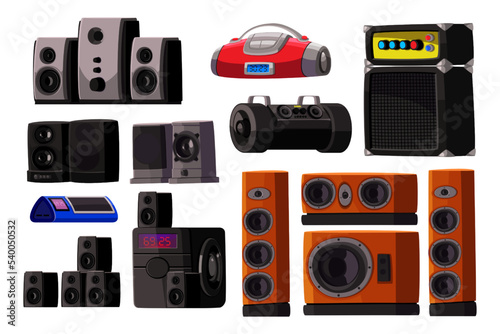 Subwoofer speakers for stereo system vector illustrations set. Collection of cartoon drawings of tape recorders, big speakers isolated on white background. Music, entertainment, multimedia concept