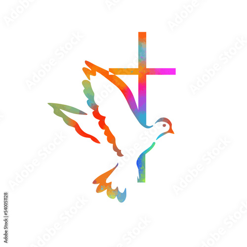 Dove on peace and cross isolated religion symbol. Colored religious cross with flying birds. Vector illustration