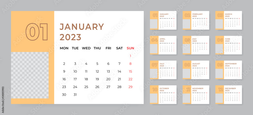 Monthly desk calendar template for 2023 year. Week starts on Monday Monthly desk calendar template for 2023 year. Week starts on Monday