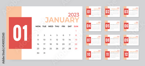 Monthly desk calendar template for 2023 year. Week starts on Monday