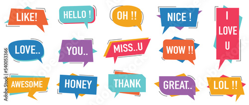 Set of colorful speech bubble vector on white background. Cloud bubble, talk, speech balloon, words, quotes, hello, wow, speak in hand drawn. Collection of chat icon design for sticker, decoration.