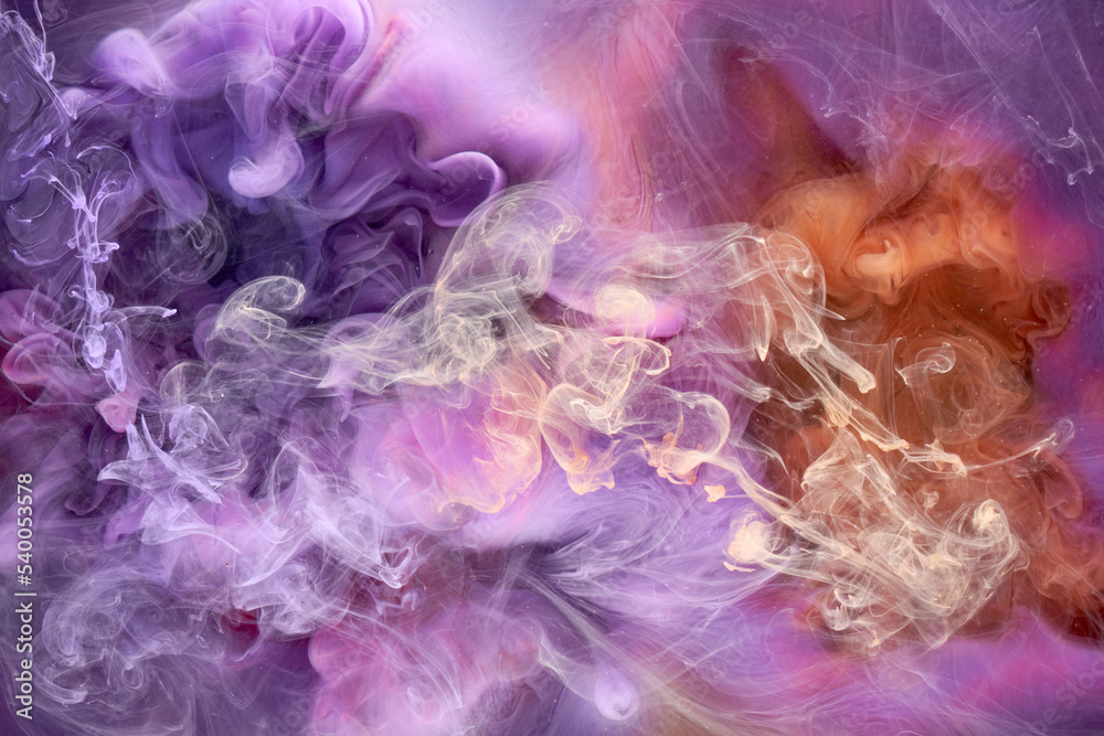 Fototapeta premium Multicolored orange lilac smoke abstract background, acrylic paint underwater explosion
