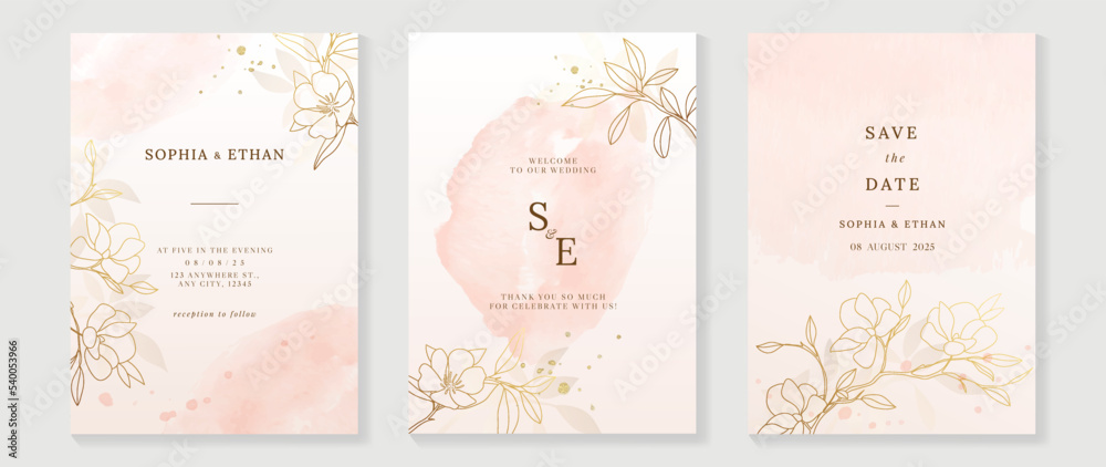 Luxury botanical wedding invitation card template. Watercolor card with leaf branch, floral, foliage, flower in hand drawn. Elegant blossom vector design suitable for banner, cover, invitation. 