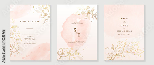 Luxury botanical wedding invitation card template. Watercolor card with leaf branch, floral, foliage, flower in hand drawn. Elegant blossom vector design suitable for banner, cover, invitation. 
