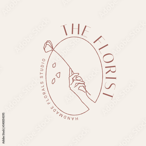 Hand Drawn Feminine Logo. Modern Flower House Logo Template for florists, photographers, fashion bloggers, design studios, and interior designers. Branding identity collection. Floral minimal logo