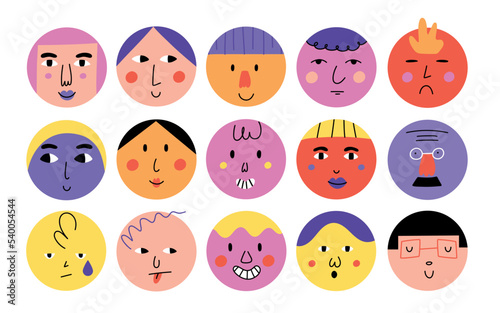 Abstract round faces. Funny cartoon characters with different emotions, doodle style happy trendy avatars, smile people portrait, contemporary geometric illustration, hand drawn vector isolated set