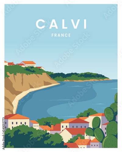 summer on calvi France. 
Poster Travel concept background. vector illustration with flat style.