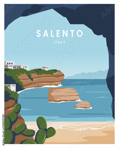 travel poster Summer in salento coast. travel to italy. vector illustration with flat style.