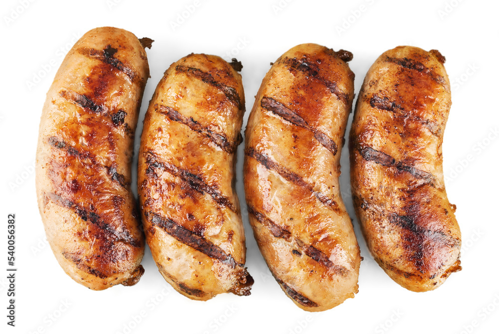 Tasty roasted sausages isolated on white background Tasty roasted sausages isolated on white background