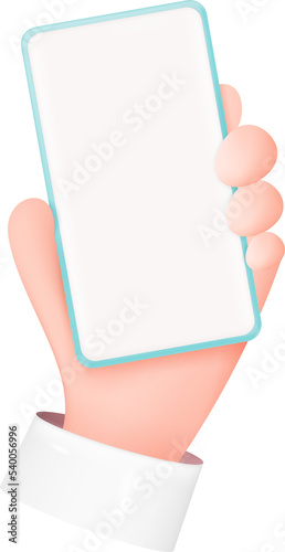 3D Hand Holding Smartphone Isolated on White Background. Cartoon Device Mockup. Man Holding Telephone with Blank Screen. Realistic Illustration