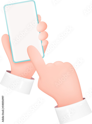 3D Hands Holding Smartphone Isolated on White Background. Cartoon Device Mockup. Man Holding Telephone with Blank Screen. Touching Screen with Finger. Realistic Illustration