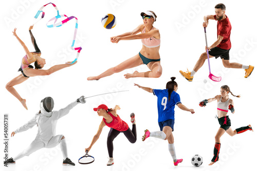 Sport collage of professional athletes or players on white background, flyer. Concept of motion, action, power, target and achievements, healthy, active