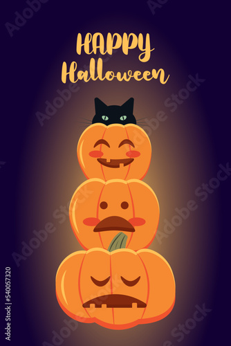 Halloween pumpkins with a cut-out smile. A black cat sits on a pumpkin. Halloween party invitation