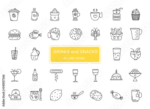 Drinks and snacks, 32 line vector icons