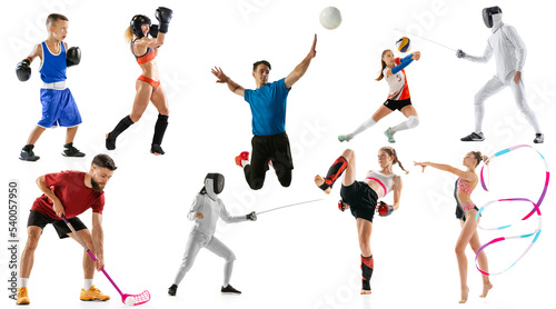 Sport collage of professional athletes or players on white background  flyer. Concept of motion  action  power  target and achievements  healthy  active