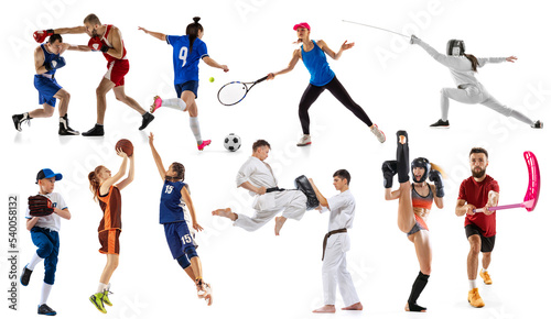 Sport collage of professional athletes or players on white background, flyer. Concept of motion, action, power, target and achievements, healthy, active © master1305