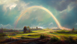 Summer landscape with a colorful rainbow painting 
