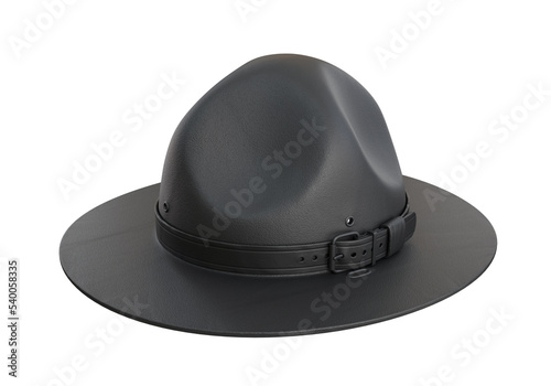 Scout hat, Ranger hat, black campaign hat with leather belt, 3d render photo