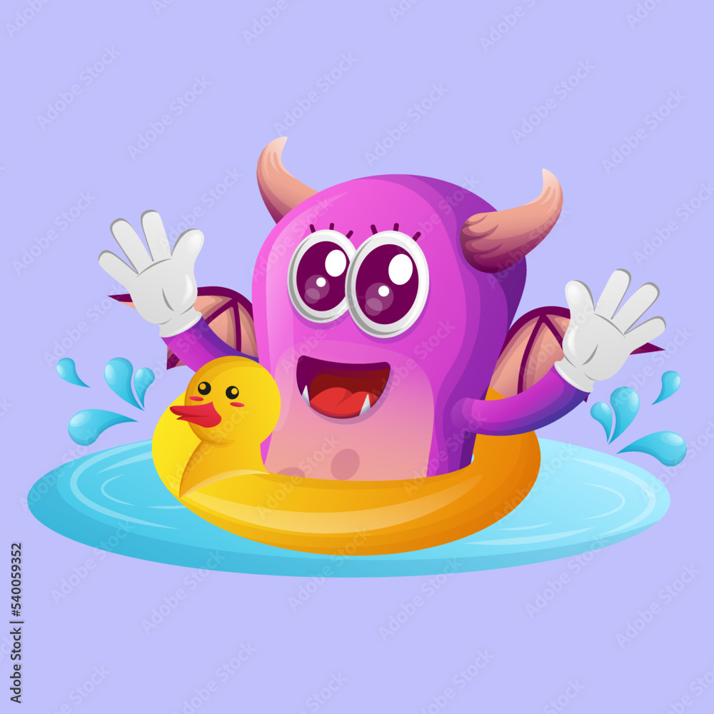 Cute purple monster swimming wearing rubber duck tube