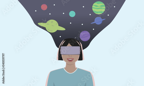 Girl in virtual reality glasses. With the image of space. On a white background