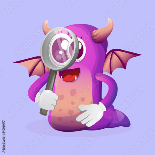 Cute purple monster conducting research, holding a magnifying glass