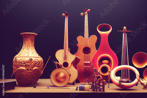 Elegant Golden Music Ensemble: Detailed Vase, Stringed Instruments, Wind Brass. Perfect for Artistic Themes, Classical Music Promotions & Ornate Decor. generative ai