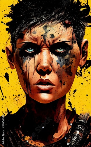 Hyper-realistic illustration of a woman with war paint on her face on a yellow background photo
