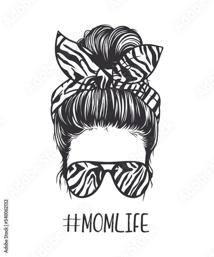 Black and white vector illustration of woman messy bun hairstyle, wearing tiger-patterned glasses and ribbon