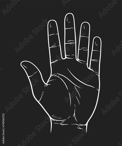 Vector illustration of counting hand isolated on black background. Open palm showing number five in sketch style.