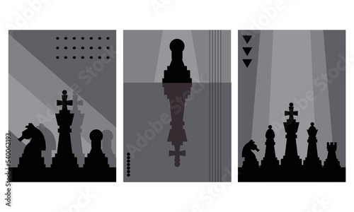 Banner template with different chess pieces. Strategy concept art. Set of Banner Templates of Different Sizes. Chess Club, Chess Tournament, International Chess Day, Online Streaming