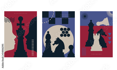 Banner template with different chess pieces. Strategy concept art. Set of Banner Templates of Different Sizes. Chess Club, Chess Tournament, International Chess Day, Online Streaming